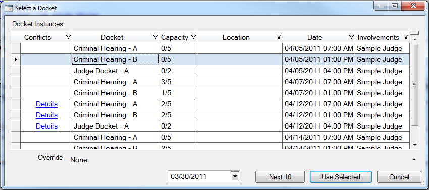 The Select a Docket dialog box